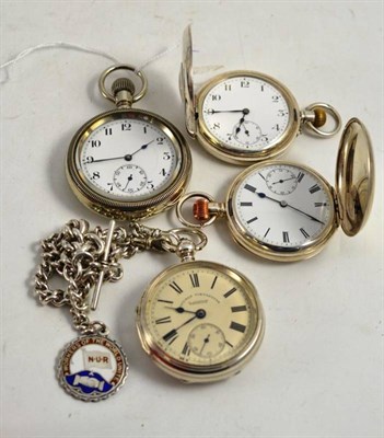 Lot 332 - A silver open faced pocket watch with a silver watch chain and attached National Union of...