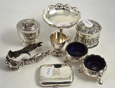 Lot 335 - Assorted silver and plate including two Georgian salts, trinket box, egg cup, mini tazza,...