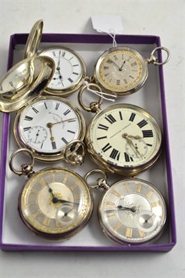 Lot 336 - Three silver open faced pocket watches, two silver full hunting cased pocket watches and a fob...