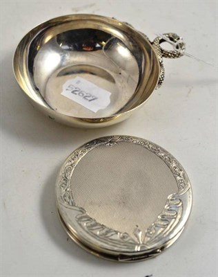 Lot 338 - Hinged silver circular compact mirror and a modern small dish with serpent handle (2)