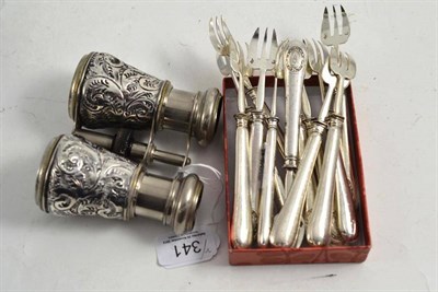 Lot 341 - Pair of silver cased opera glasses and twelve loaded Continental silver cake forks