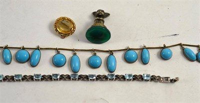 Lot 344 - A turquoise fringe necklace, a pinchback brooch, a marcasite set bracelet and a fob