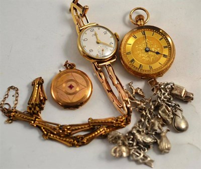 Lot 345 - A 9ct gold fob watch, a lady's wristwatch on strap, a bracelet, a locket and a charm bracelet