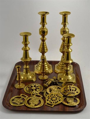 Lot 346 - Two pairs of brass candlesticks etc