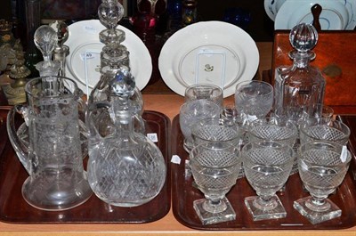 Lot 350 - Two trays of glass including five decanters, a claret jug, a water jug, hobnail cut glass...