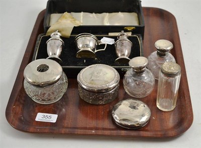 Lot 355 - Cased silver three piece condiment set, pair of scent bottles and dressing table items with...