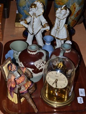 Lot 361 - A tray of decorative ceramics including a Royal Doulton figure of The Foaming Quart, clown figures