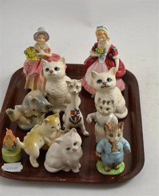 Lot 370 - Tray of assorted figures including Royal Doulton Valerie and Cissie, two Beatrix Potter figures and