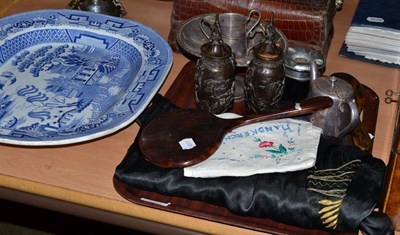 Lot 380 - A blue and white meat dish, a pair of Oriental bronze vases and covers, a plated tazza, a EPNS...