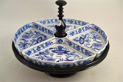 Lot 386 - 19th century ebonised hors d'oeurves stand with Villeroy & Boch blue and white dishes