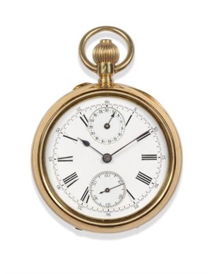 Lot 218 - An 18ct Gold Open Faced Single Push Chronograph Keyless Pocket Watch, circa 1900, lever...