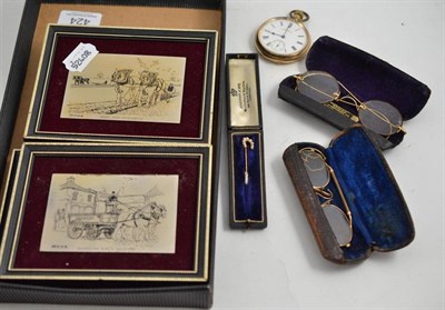 Lot 424 - Rolled gold watch, cravat pin, spectacles and four silver plaques