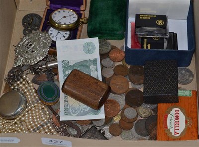 Lot 427 - Two lady's fob watches, Sutherland Argyll badge, Queen's jubilee puzzle, coins, etc