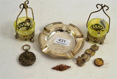 Lot 431 - Silver ashtray, coin bracelet, brooch, two Vaseline glass salts etc