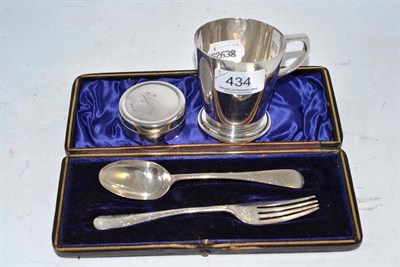 Lot 434 - Cased silver fork and spoon, silver mug and box