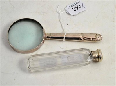 Lot 442 - Silver mounted magnifying glass and a glass hair pin jar with silver mount (2)