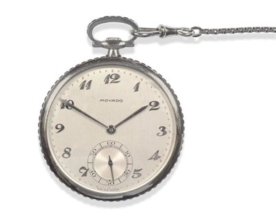 Lot 222 - An Art Deco 18ct White Gold Ruby Set Open Faced Keyless Pocket Watch, signed Movado, circa...