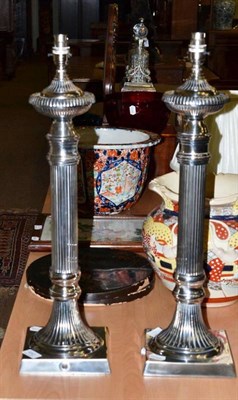 Lot 452 - Pair of silver plated Classical column table lamps