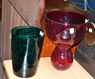 Lot 455 - Whitefriars green glass vases and a Mark Auriel red glass vase