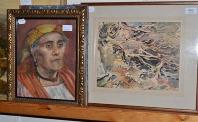 Lot 488 - Framed watercolour Log Pile by F Lawson, framed watercolour portrait of a lady, one volume ";A...