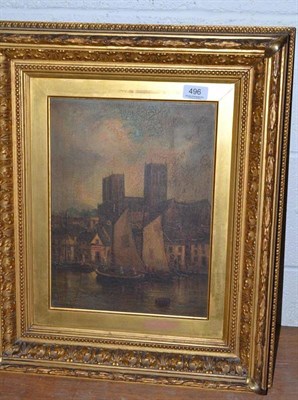 Lot 496 - An oil on canvas depicting a cathedral by a river