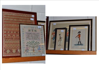 Lot 510 - A late 19th century framed sampler, four framed prints of soldiers and a 1930's sampler (6)