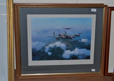 Lot 515 - A print of a Lancaster bomber by Robert Taylor and signed Leonard Cheshire and a ";Hurricane";...