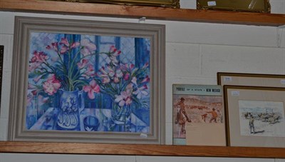 Lot 518 - Framed modern oil 'Forever Freesias' by Lesley Coates Jones; 1 vol Profile of a State New...