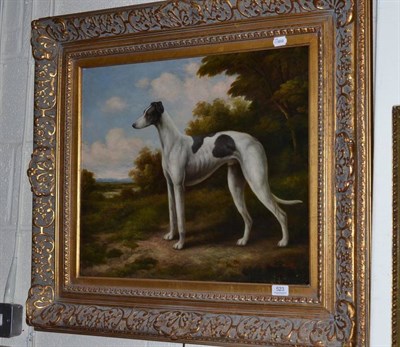 Lot 523 - A reproduction gilt framed oil on canvas, study of a greyhound