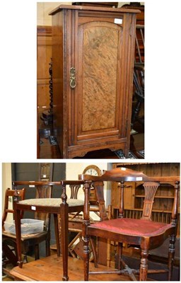 Lot 563 - A walnut bedside cabinet, mahogany inlaid piano seat and a corner armchair