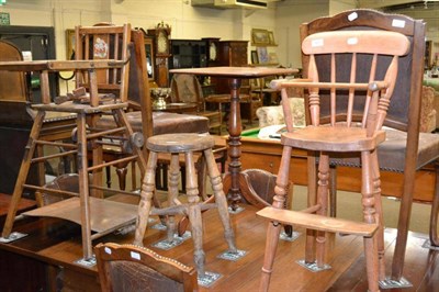 Lot 567 - A child's pine high chair, another and a four legged stool