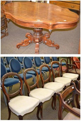 Lot 593 - A set of four Victorian walnut balloon back chairs and a similar chair and a Victorian walnut...