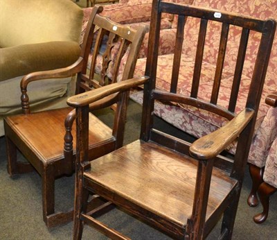 Lot 597 - A 19th century oak country open armchair and a mahogany chair adapted to a rocker