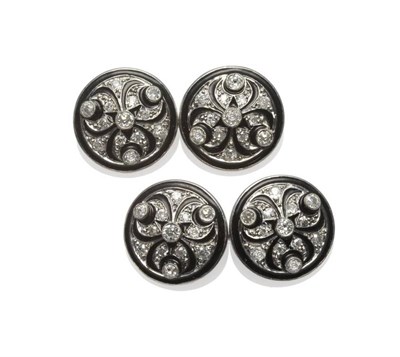 Lot 244 - A Pair of Art Deco Diamond and Enamel Cufflinks, the round cufflink heads set with old cut diamonds