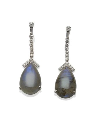 Lot 245 - A Pair of 18 Carat White Gold Labradorite and Diamond Drop Earrings, a row of round brilliant...
