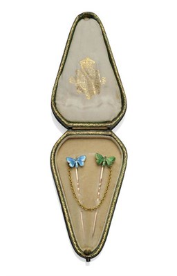 Lot 248 - A Pair of Butterfly Pins, one butterfly enamelled in green, one in blue, on pins with a midway...