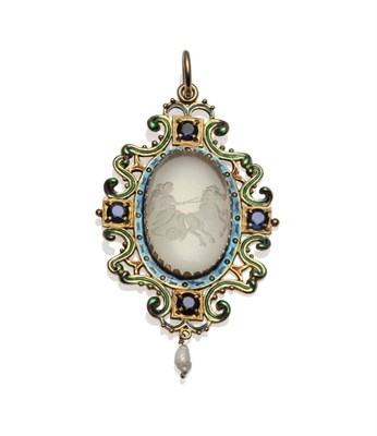 Lot 249 - A Rock Crystal, Sapphire, Enamel and Pearl Pendant, the oval rock crystal intaglio carved with...