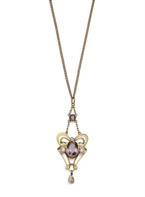 Lot 250 - An Art Nouveau Amethyst and Pearl Pendant on A Chain, of typical early 20th century style, a...