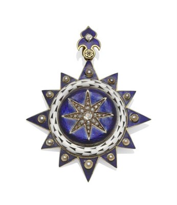 Lot 251 - A Victorian Diamond, Pearl, and Enamelled Pendant, an eight pointed star set with old cut and...