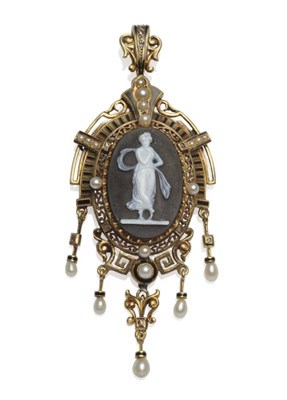 Lot 253 - A Cameo, Pearl and Diamond Pendant, a black and white hardstone cameo centrally depicting a maiden