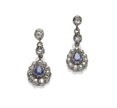 Lot 254 - A Pair of Sapphire and Diamond Drop Earrings, circa 1860, two chain linked old cut diamonds suspend