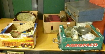 Lot 784 - A quantity of tea wares, soda siphons, oval tray, books, suitcase, foot bath and maps