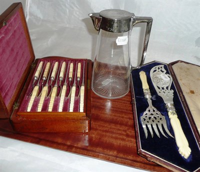 Lot 12 - Set of Victorian plated fruit eaters for twelve in mahogany case, pair of engraved fish servers...