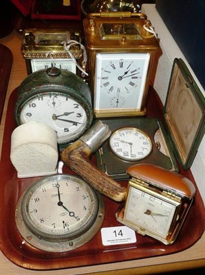 Lot 14 - Two carriage clocks, a walking stick handle and various other timepieces