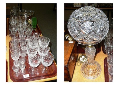 Lot 22 - Cut glass mushroom table lamp, quantity of assorted glass, Continental clock and silver plate