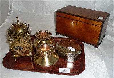 Lot 23 - Burr wood tea caddy, two brass ashtrays, brass carriage clock and a box