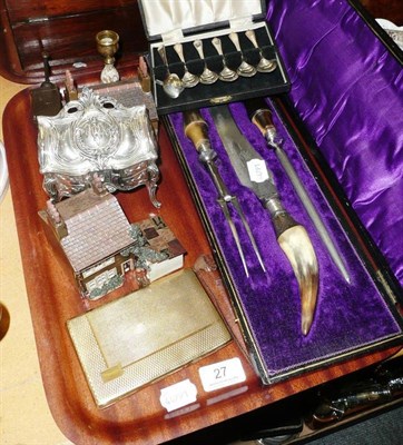 Lot 27 - A cased carving set, coins, six silver teaspoons, etc