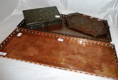 Lot 33 - Two copper Keswick style trays, dish and a pewter box