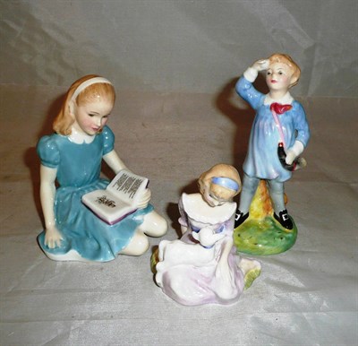 Lot 53 - Three Royal Doulton figures, 'Alice' HN2158, 'Little Boy Blue' HN2062, 'Mary Had a Little Lamb'...