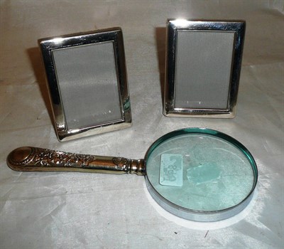 Lot 58 - Pair of Concorde silver photograph frames and a large magnifying glass with plated handle